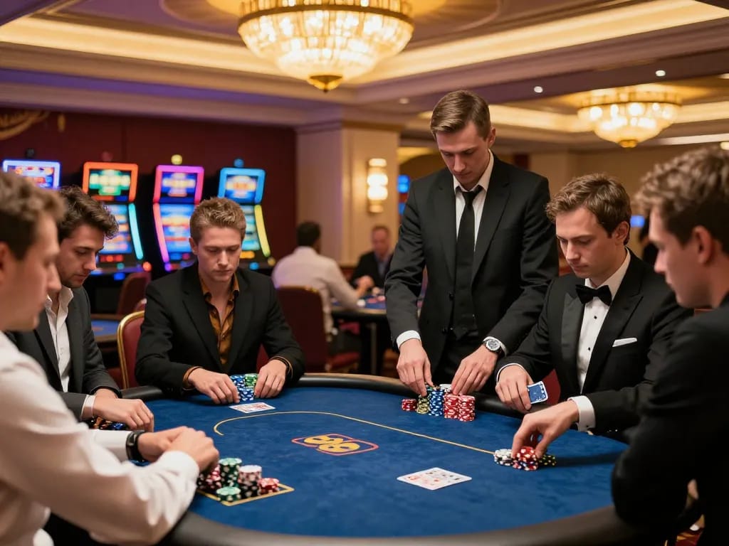 Intense poker game at 888vnd with players strategizing in luxurious casino atmosphere.