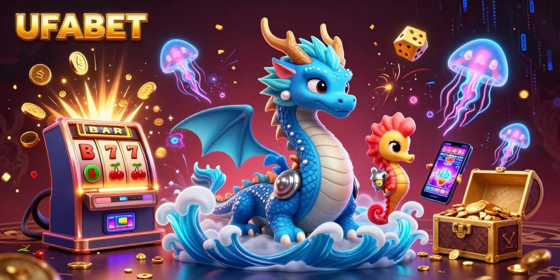 Experience UFABET's thrilling slots with a vibrant 3D illustration featuring captivating characters and casino elements.