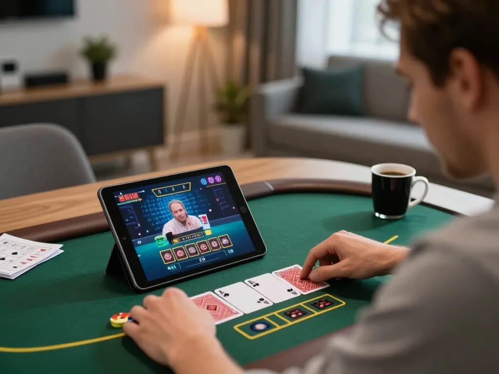 Engaging nk88 player strategizing during live blackjack gameplay on tablet