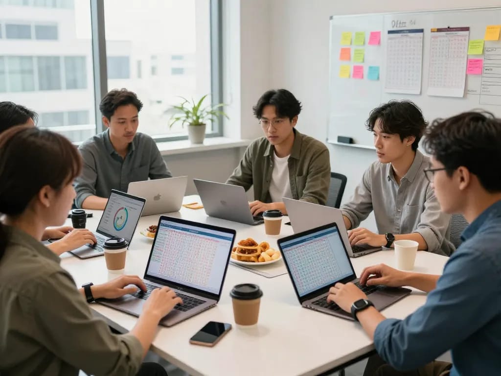 Diverse team analyzing HK lottery results in a modern workspace with laptops and colorful data charts.