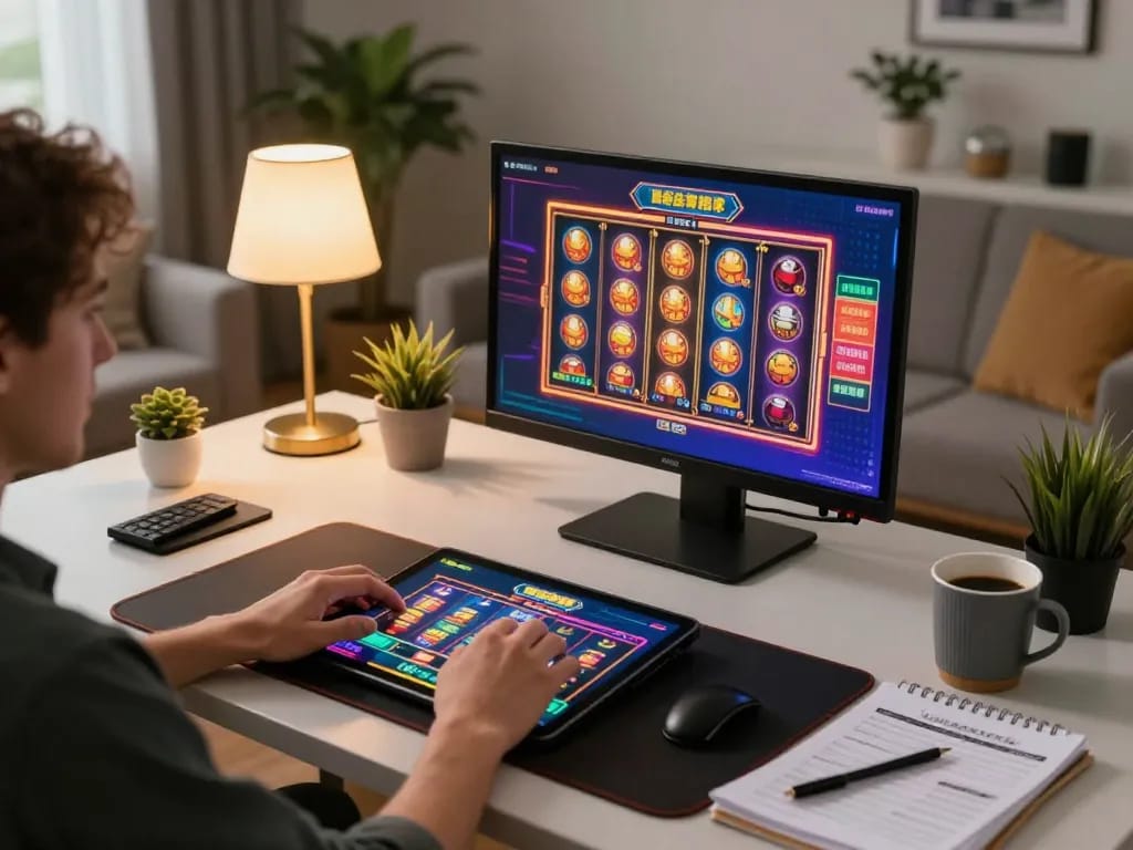 Excited player engages with DH88 casino slots on tablet in stylish home setup.