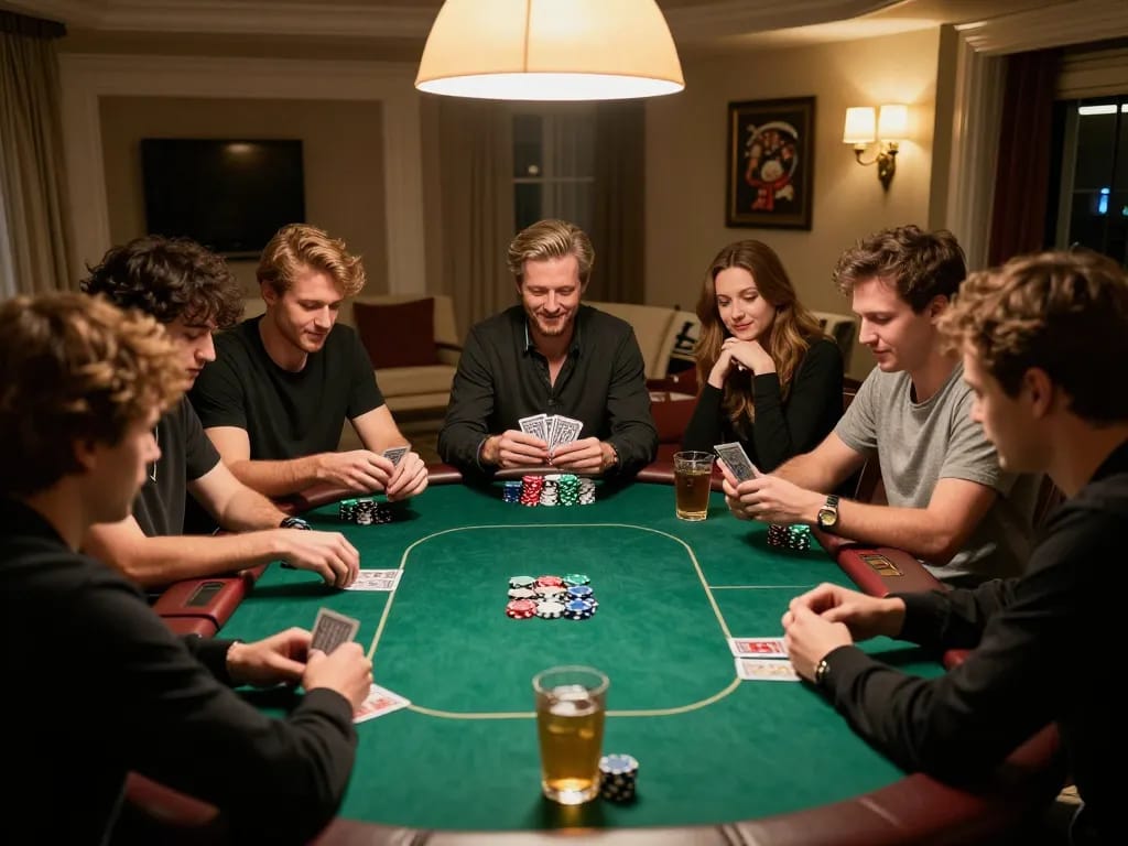 Engaged players at home poker night with mm88 strategies in action.