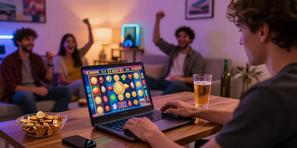 Player engaging with situs depo 5rb slot games online in a thrilling home setting.