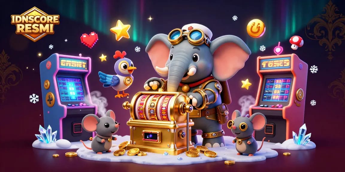 Engage with IDNSCORE RESMI as a steampunk elephant operates a golden slot machine amidst vibrant casino-themed elements.