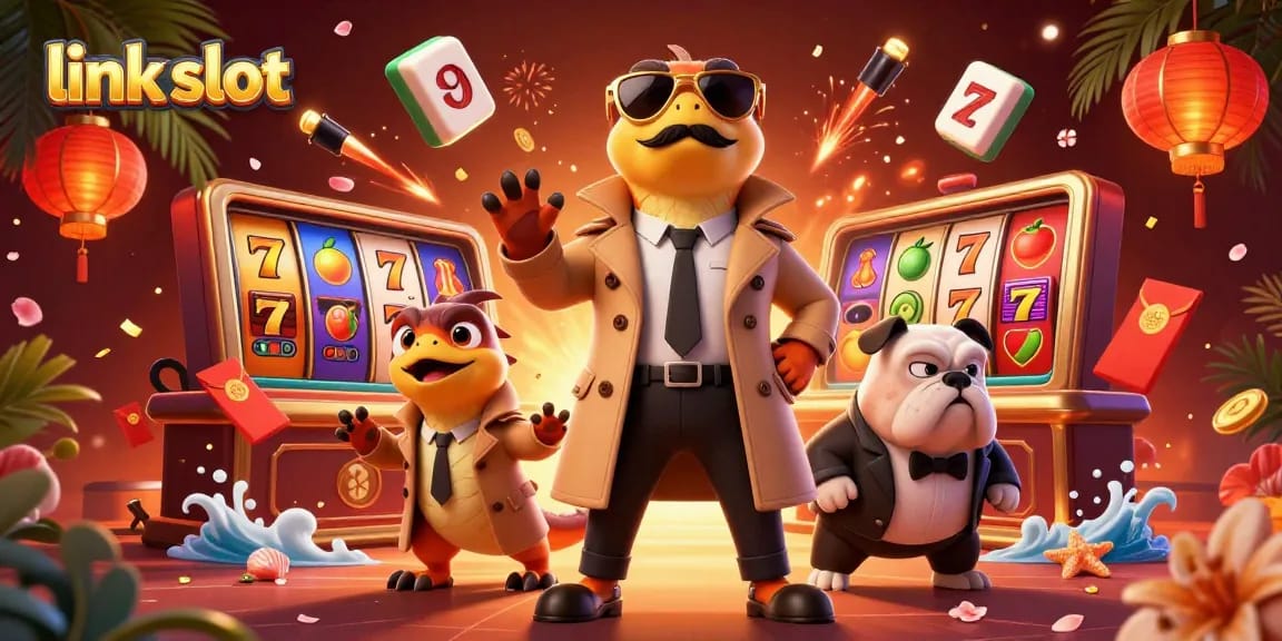 Engage with link slot excitement in a vibrant casino scene featuring raptors and dynamic game elements.
