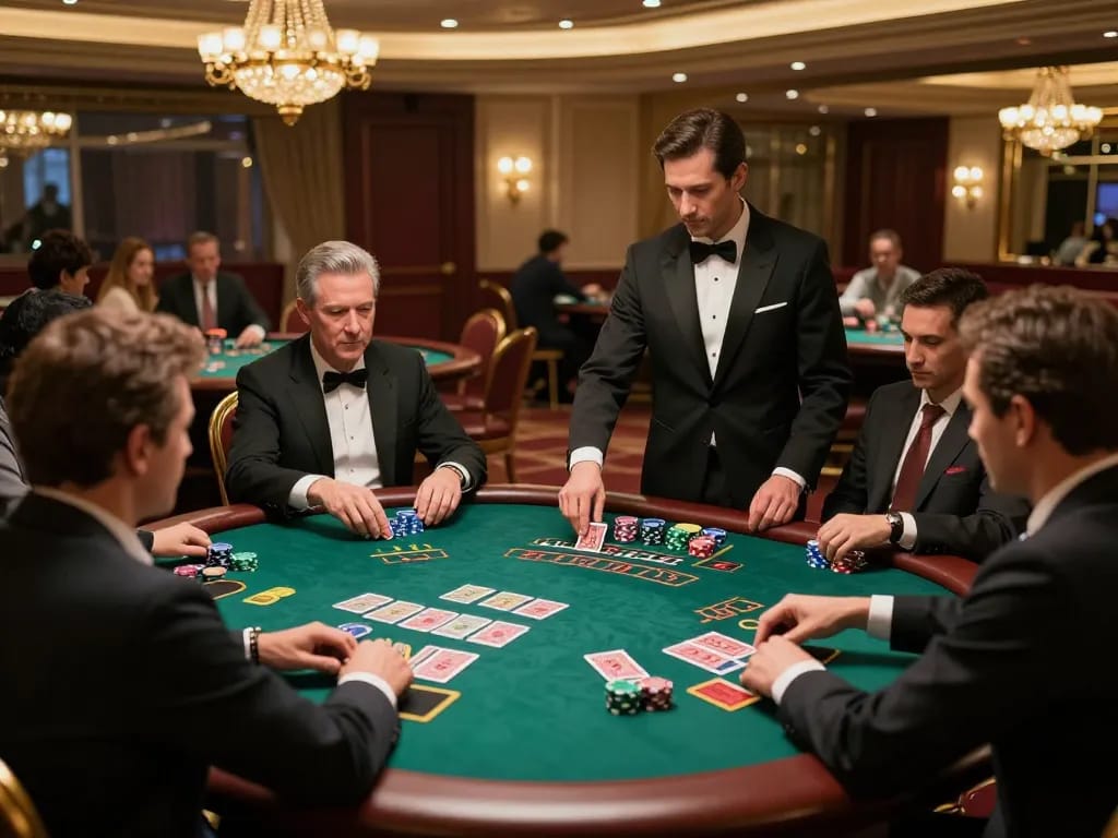 Engaged players enjoying a high-stakes game at LC99 casino blackjack table with chips and cards.