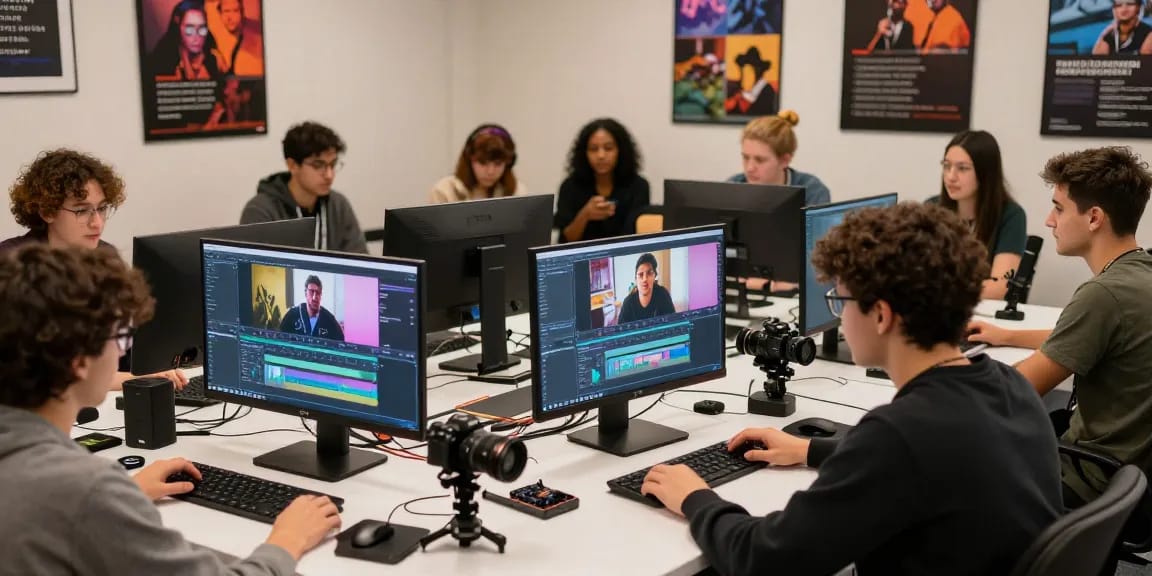 Students engaged in a video processing course online learning about editing and production.