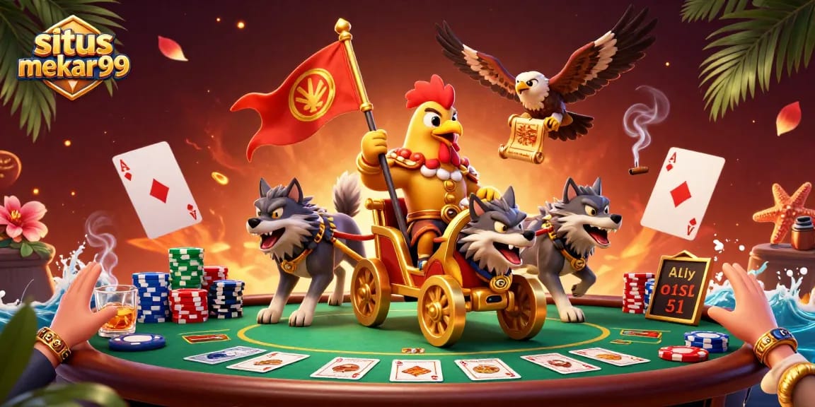 Experience the thrill of situs mekar99 with a rooster warlord and poker excitement in a vibrant 3D scene.