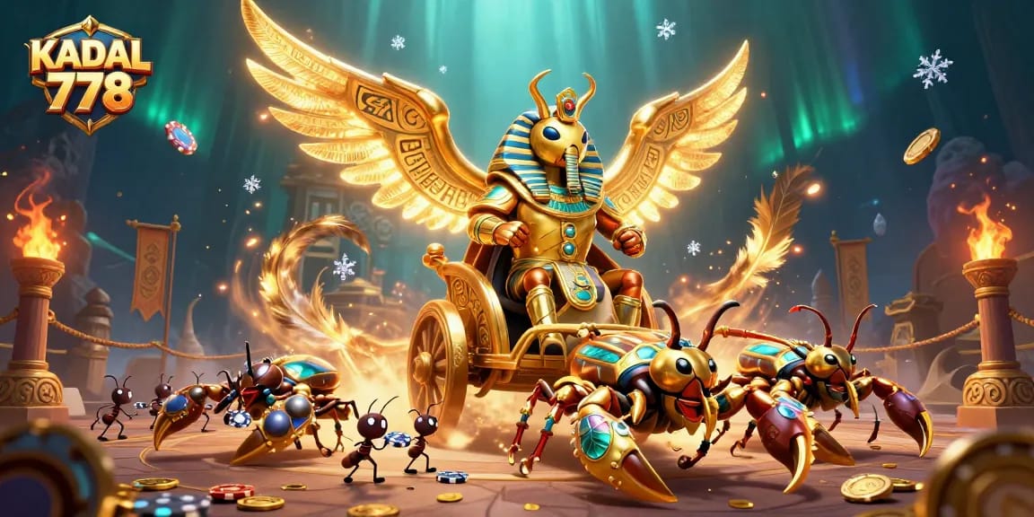 KADAL 778 showcases thrilling casino excitement with 3D art of a golden scarab beetle and scorpions amidst vibrant gambling elements.