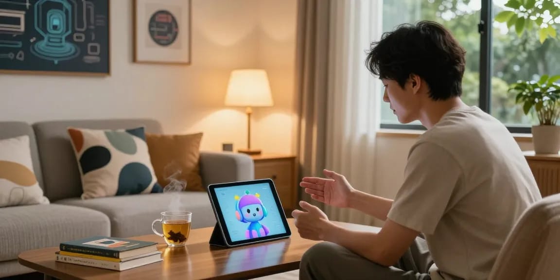 Engaging chat with crushon ai in a cozy home setting.