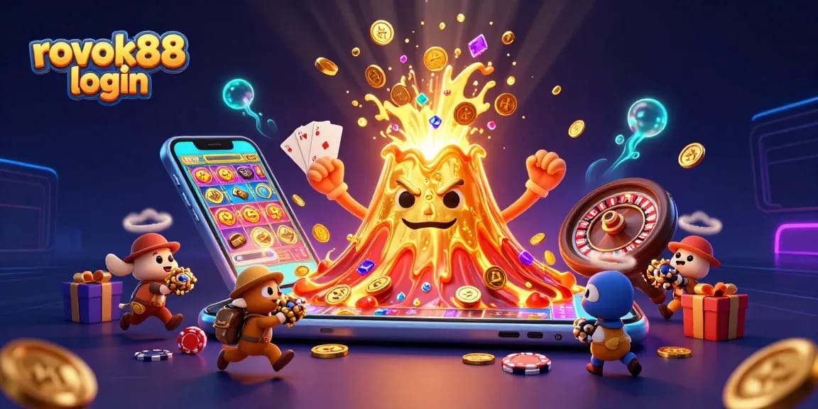 Engage with the thrilling experience of rokok88 login, where a golden volcano erupts treasures in a vibrant casino scene!