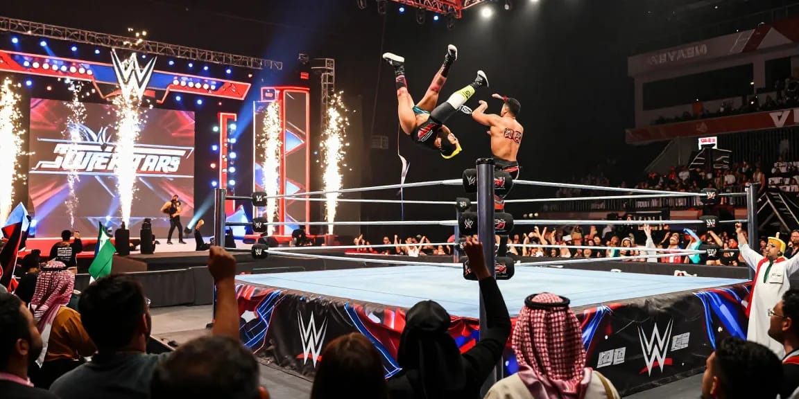 WWE Saudi Arabia event with Superstars performing in Riyadh's stadium, showcasing energetic atmosphere.