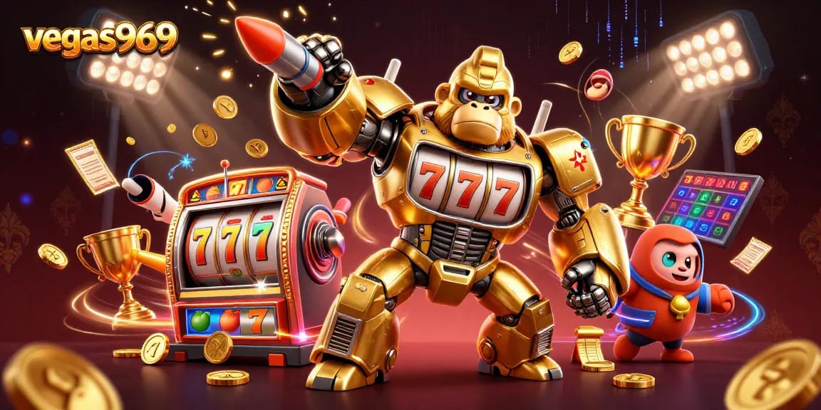 Experience the thrill of vegas969 with a golden gorilla mech, exploding coins, and slot game excitement.