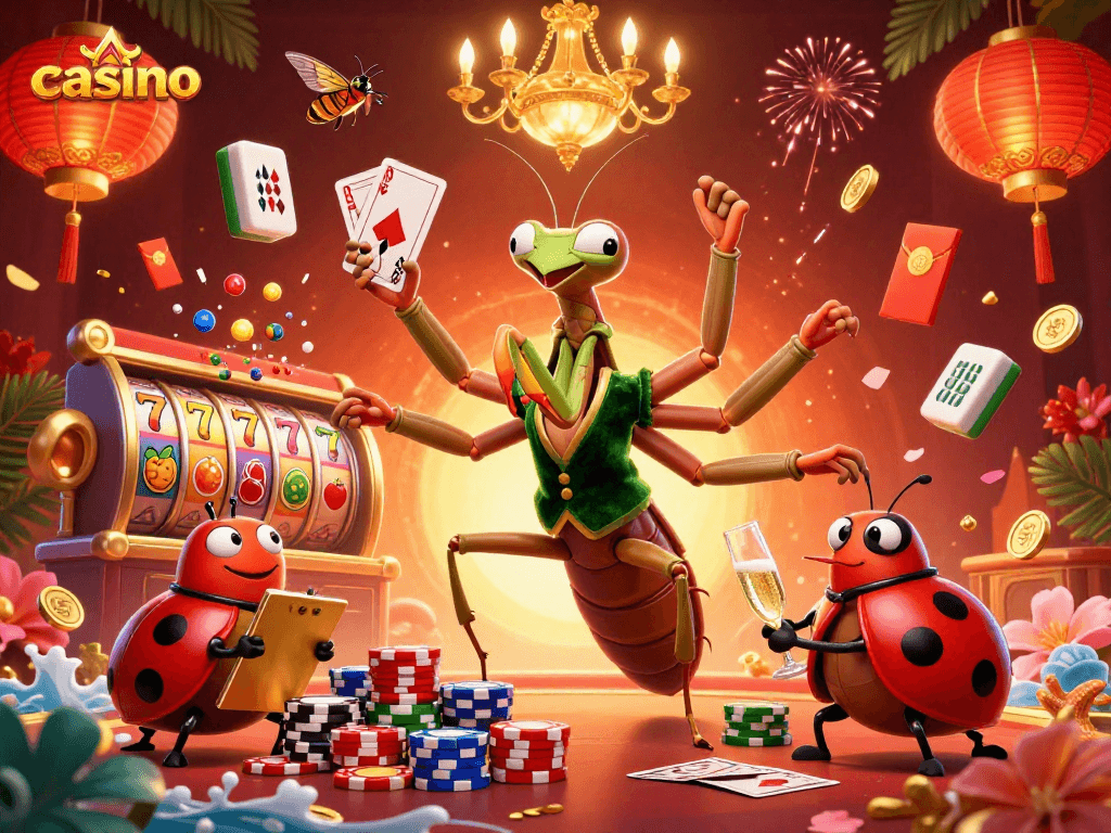 Engaging casino illustration with a mantis card sharp, ladybug pit boss, and vibrant game elements