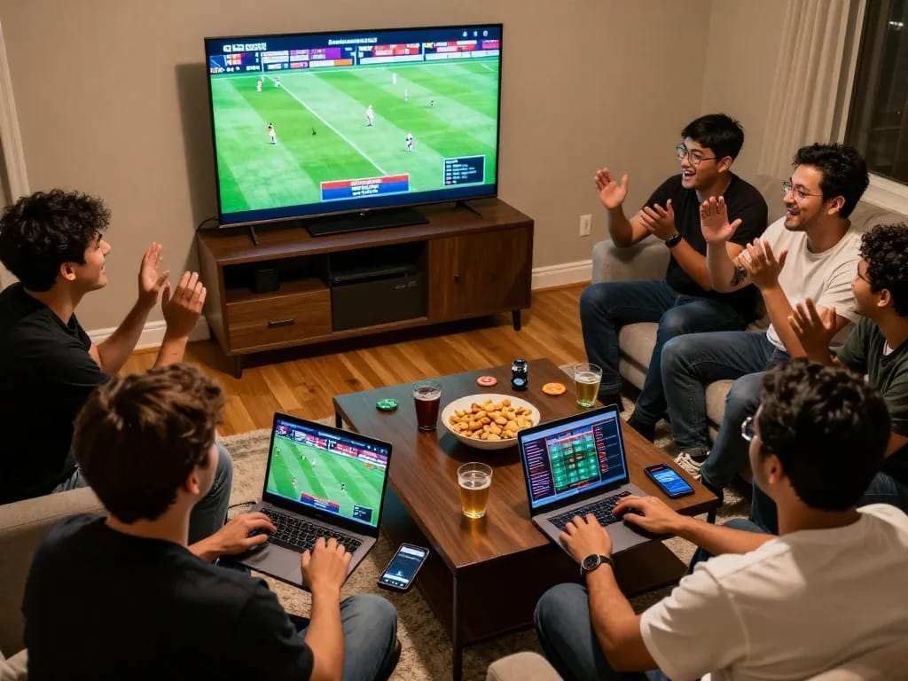 Bettors analyzing odds and placing bets on bong88 during an exciting sports match at home.