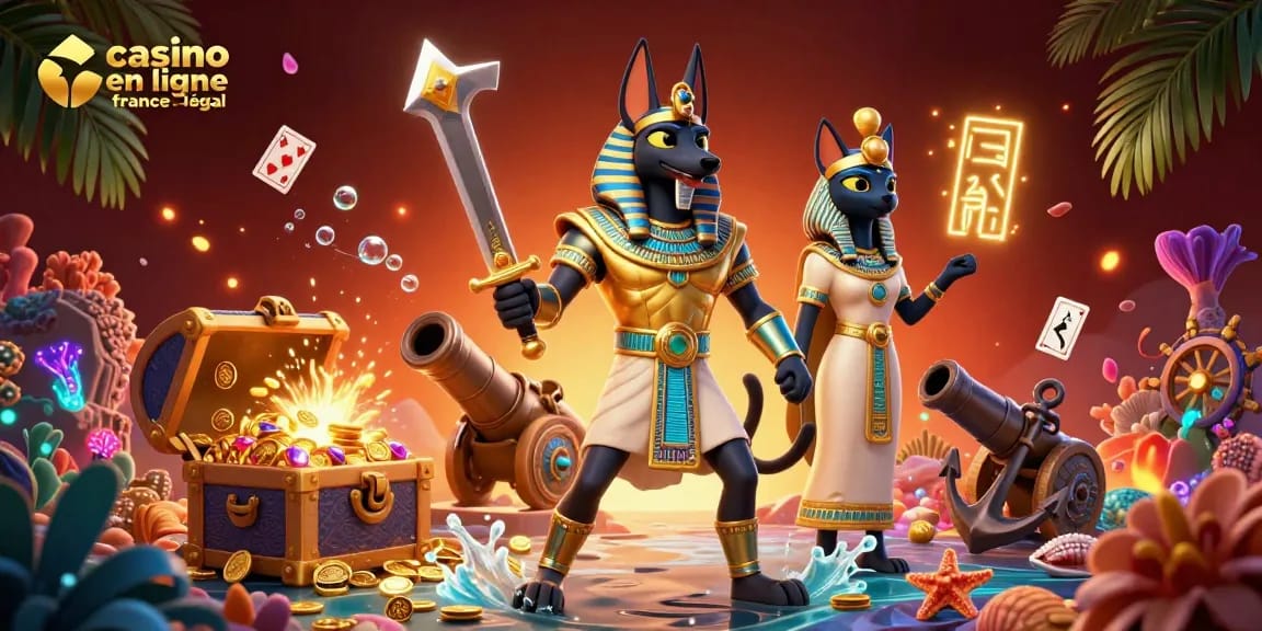 Interagissez avec le casino en ligne France légal dans une scène excitante mettant en vedette Anubis et Bastet parmi des éléments de jeu vibrants.