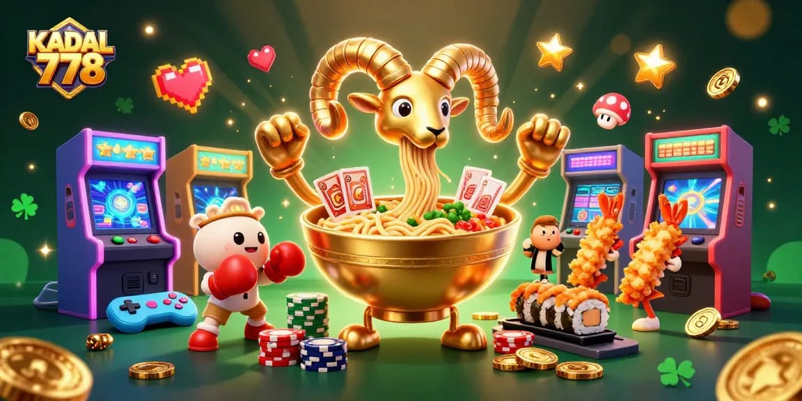 KADAL 778 showcases a dynamic online casino scene with a giant ramen bowl dealer, vibrant game machines, and engaging cheerleaders.