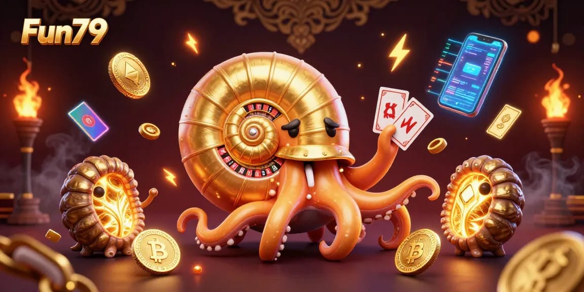 Experience thrilling gameplay with Fun79’s captivating casino environment featuring a giant nautilus, cards, and crypto elements.