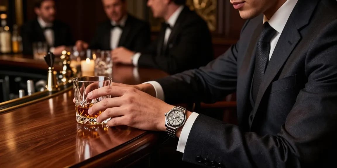 Stylish individual showcasing a luxury replica watch in an upscale bar setting, highlighting sophistication and elegance.