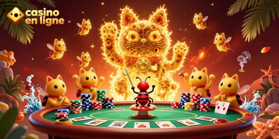 Jouez au casino en ligne avec le chat porte-bonheur dans une scène dynamique remplie de jetons de poker.