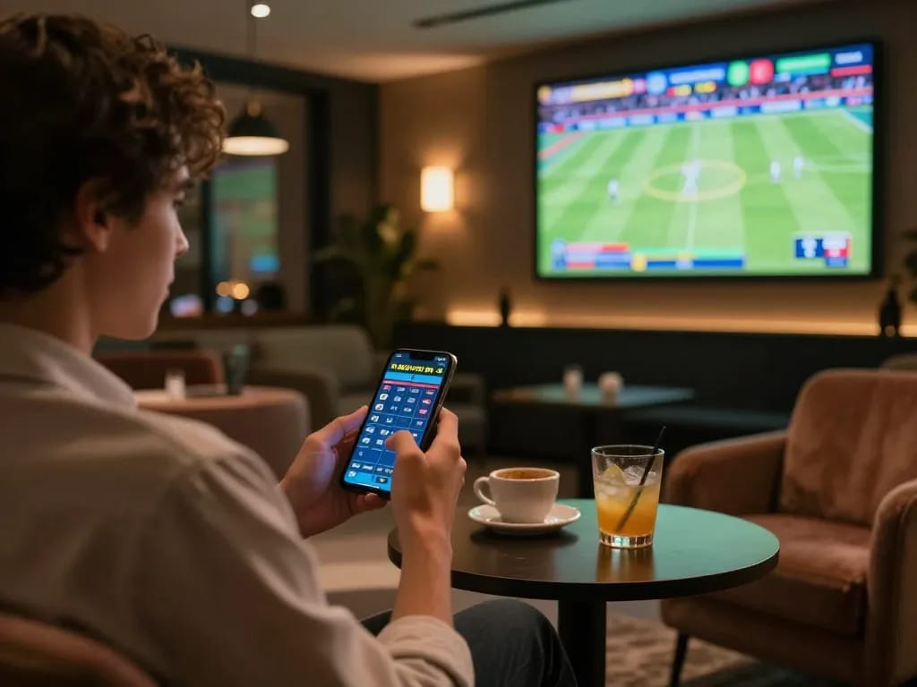 v9bet user enjoying live sports betting with smartphone in a stylish lounge.