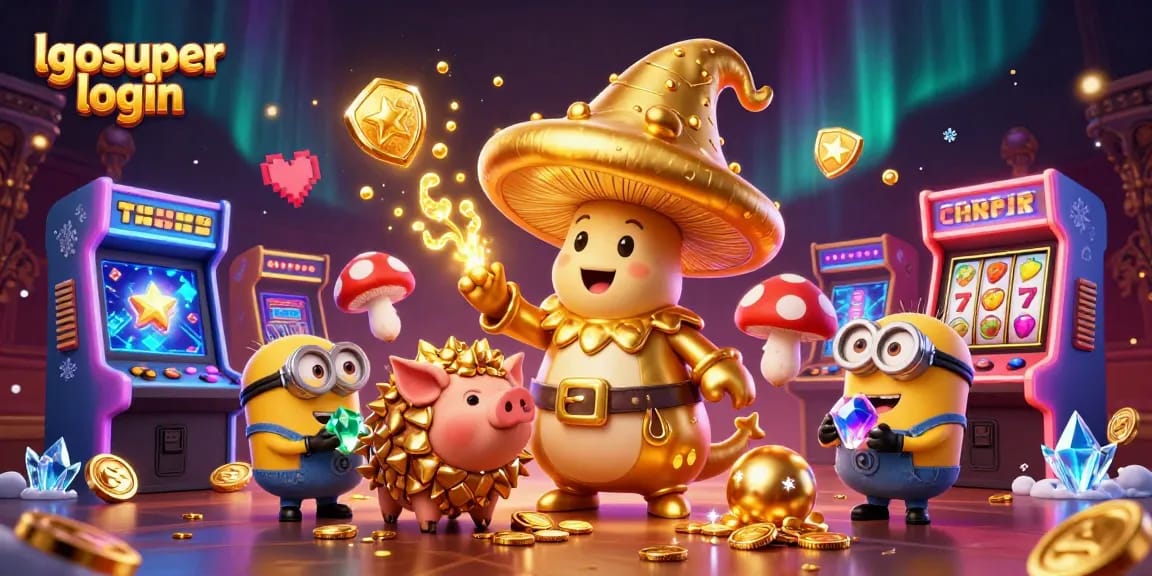 Experience the lgosuper login magic with a vibrant casino scene featuring golden characters and slots.