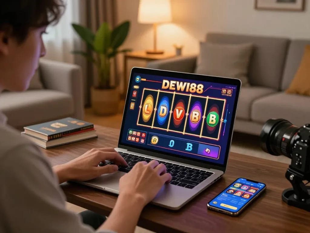 Bermain permainan slot online DEWI88 dari pengaturan rumah yang nyaman dengan laptop dan tablet.