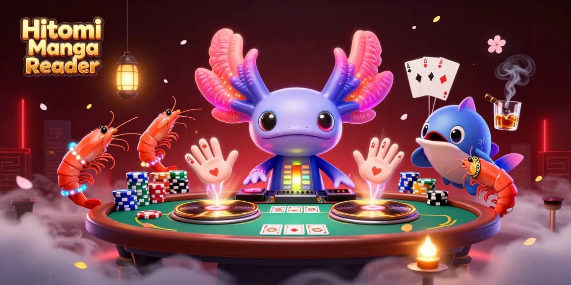 Hitomi Manga Reader showcases a vibrant undersea casino scene with a neon axolotl DJ and dynamic gambling activity.