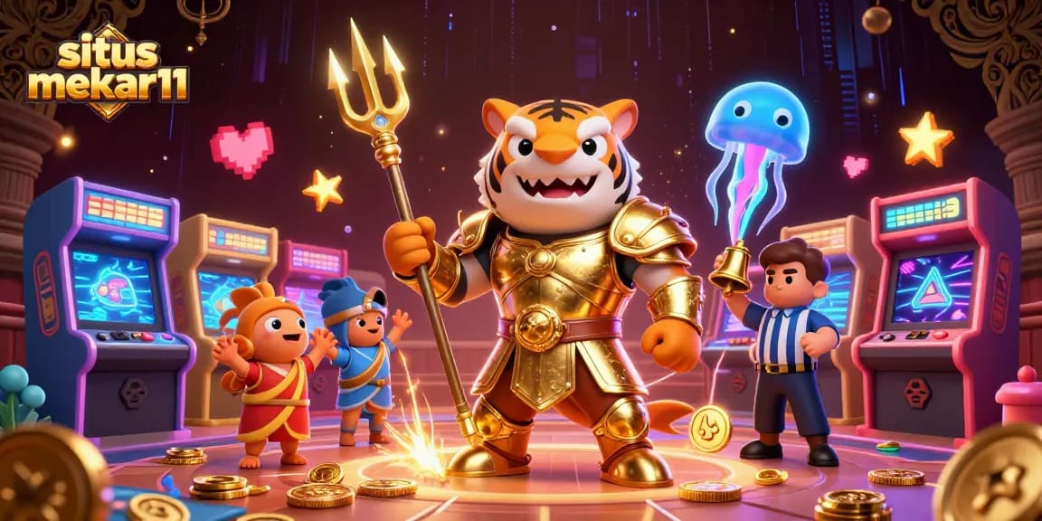 Situs mekar11 showcases a vibrant underwater casino scene featuring a golden gladiator shark amid colorful arcade elements.