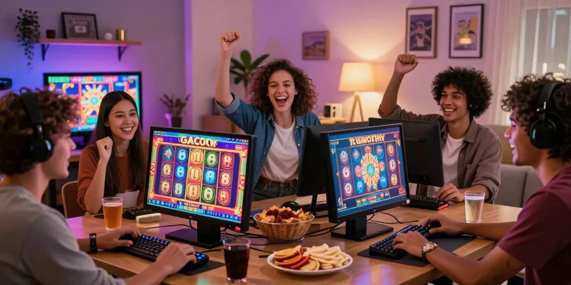 Excited players celebrating a win while playing slot gacor online.