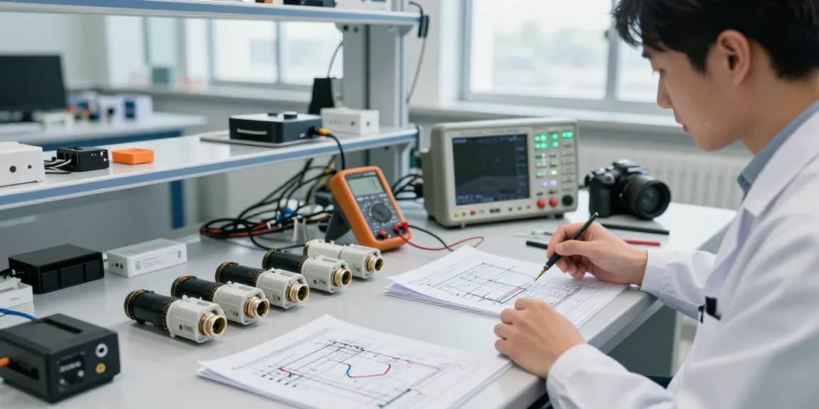 Technician examining IEC connectors in a modern workspace focused on power distribution.