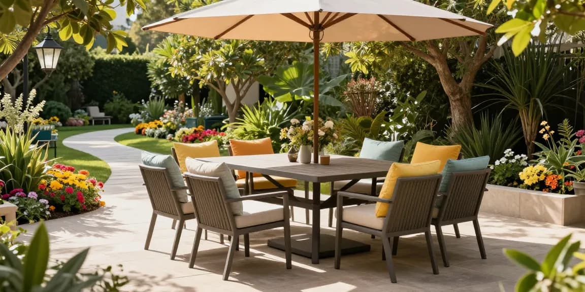 Elegant patio furniture sets arranged under a large umbrella in a serene garden.