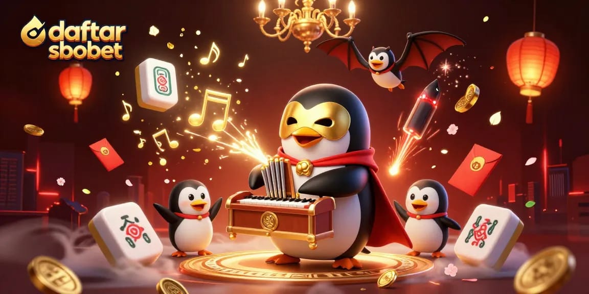 Experience daftar sbobet with a vibrant scene of a penguin playing an organ, releasing golden coins.