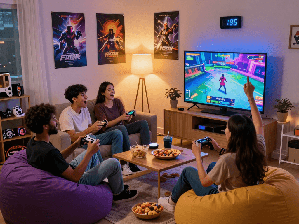 Group playing a fun sex game on a large screen in a cozy bedroom, showcasing excitement and togetherness.