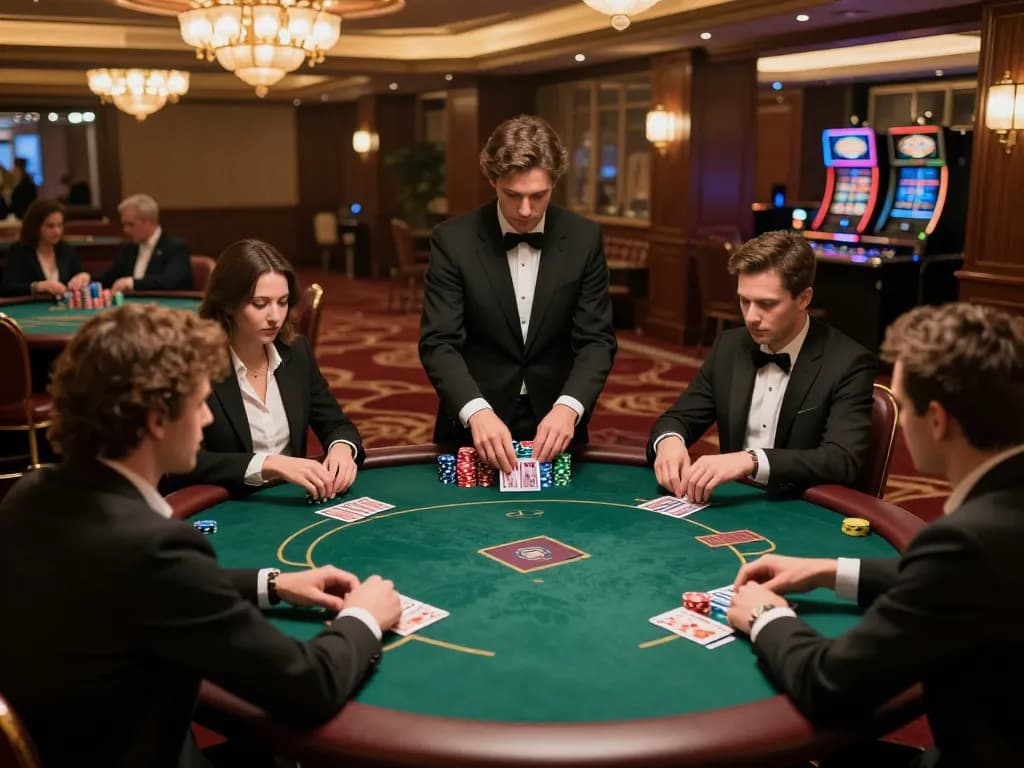 Players strategizing during a high-stakes poker game at 98win's luxurious casino.