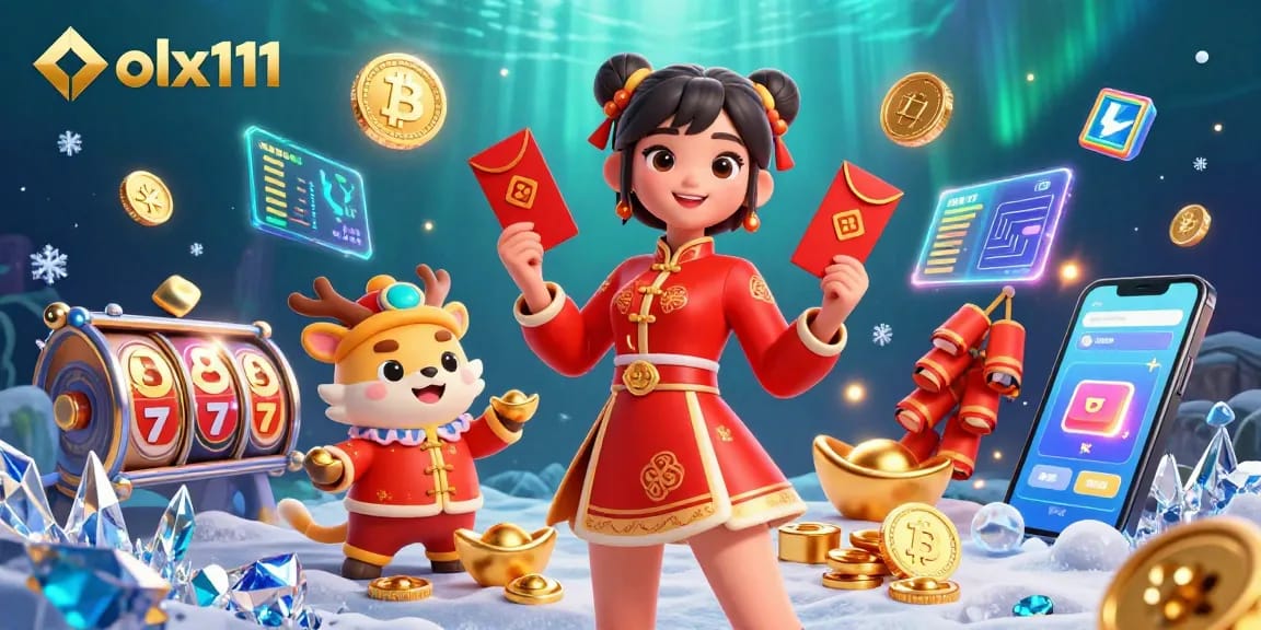Experience thrilling wins with olx111 in a vibrant Lunar New Year casino scene filled with treasures.