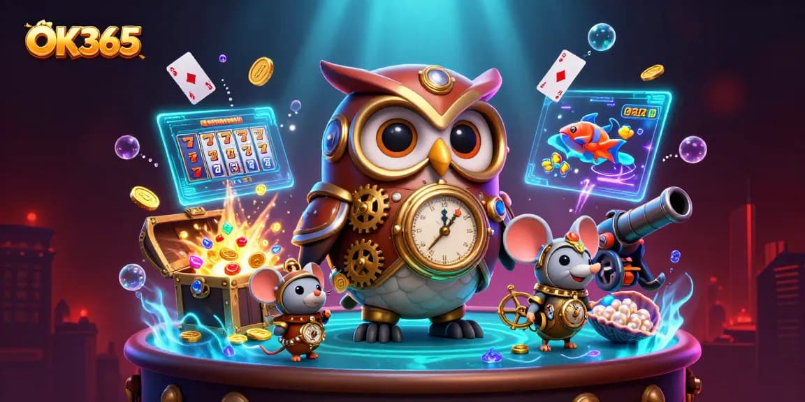 Engage in thrilling online gaming with OK365's vibrant, dynamic 3D illustration showcasing exciting casino elements.