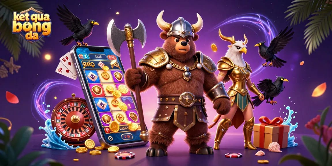Experience the excitement of ket qua bong da with a vibrant 3D scene featuring a Viking bear, Valkyrie eagle, and dynamic gaming elements.