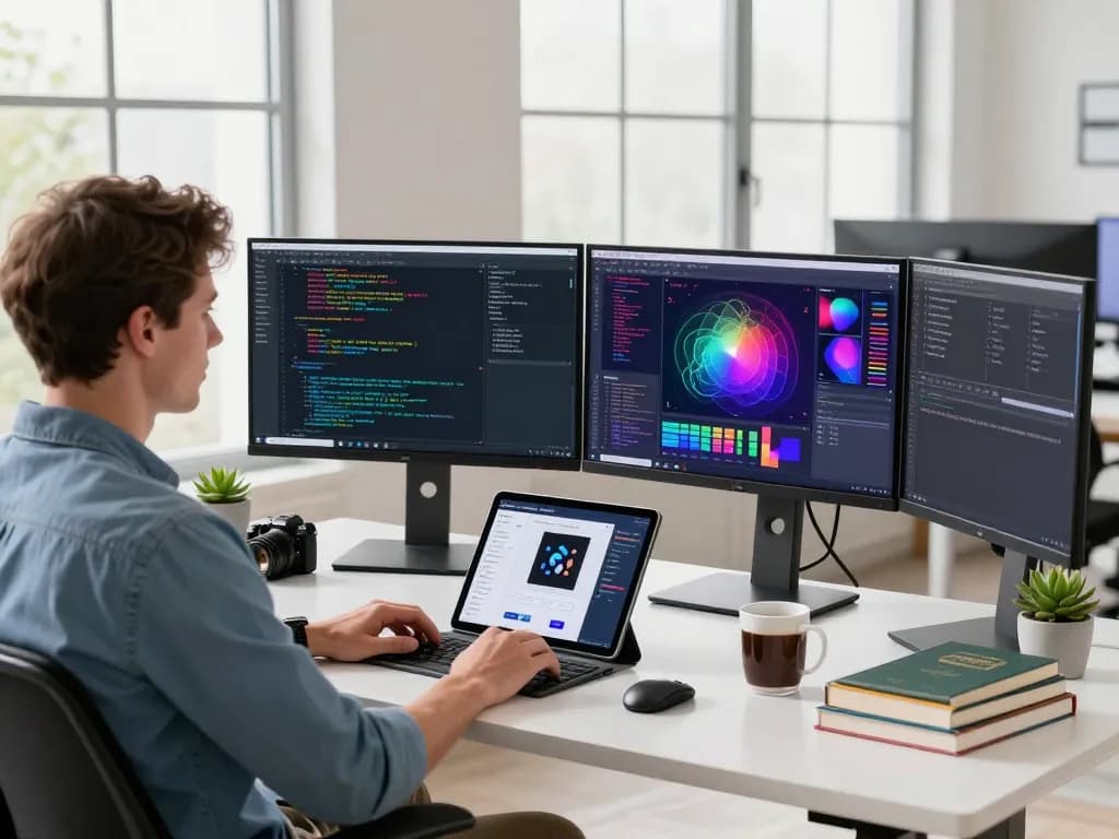 Developer utilizing an image to prompt generator in a modern workspace with dual monitors and coding activities.