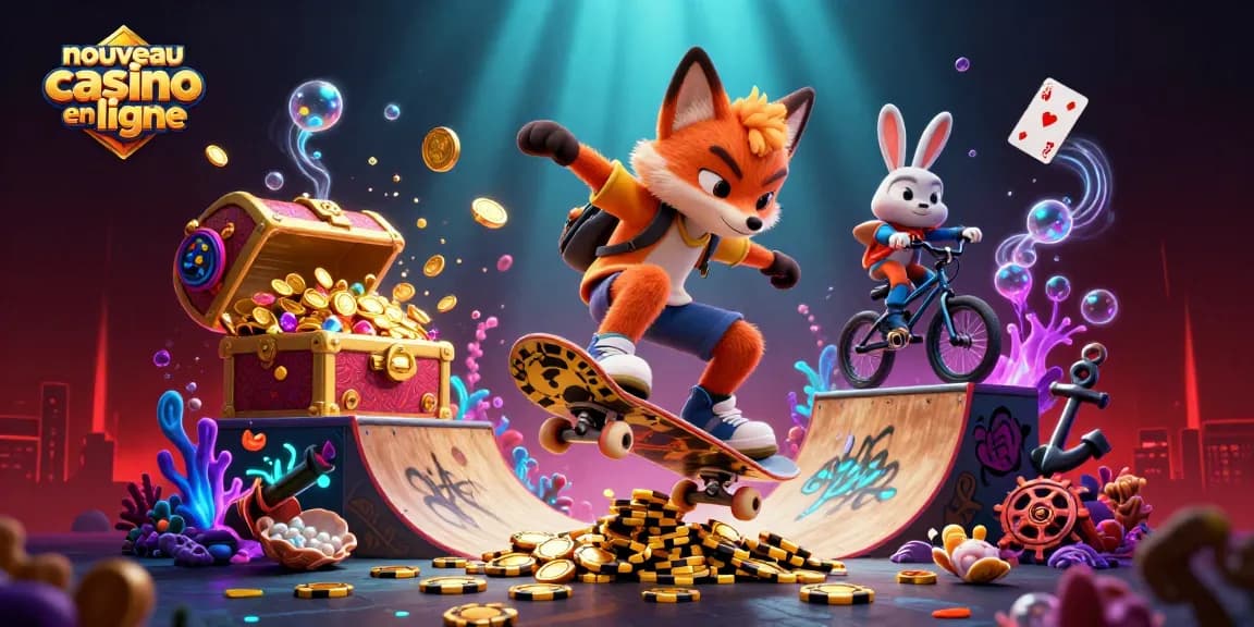 Illustration dynamique d'un nouveau casino en ligne avec un renard et un lapin en tricks.