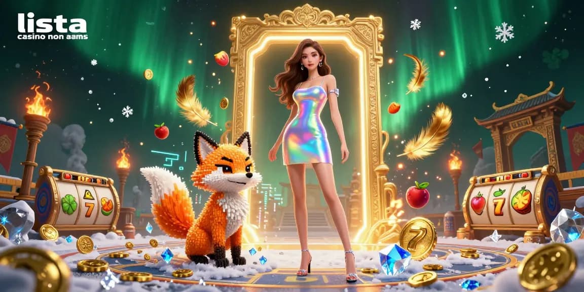 Scopri l'energia vibrante della lista casino non AAMS con una donna abbagliante, una volpe digitale colorata e elementi dinamici del casinò.