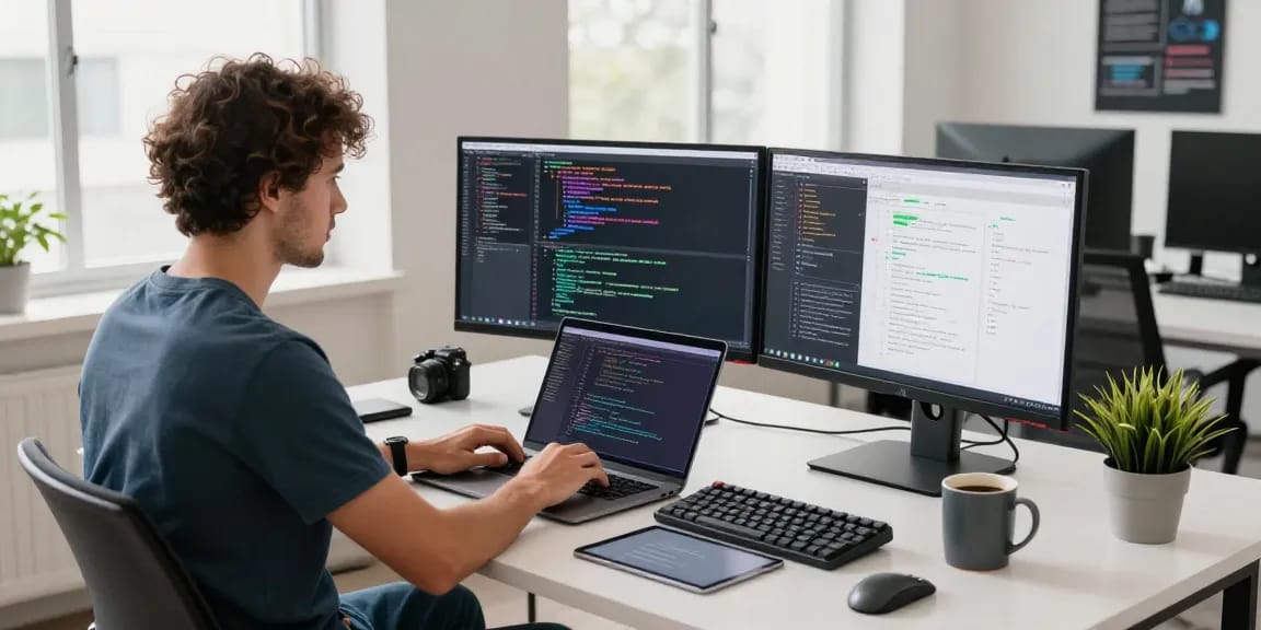 Developer coding in a modern workspace, showcasing 纸飞机中文版 software tools and productivity elements.