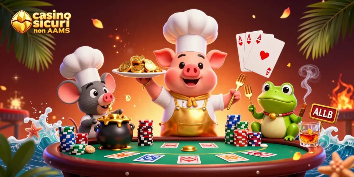 Interagisci con casino sicuri non AAMS in un'illustrazione 3D ultra-dettagliata di uno chef gourmet suino e elementi di gioco