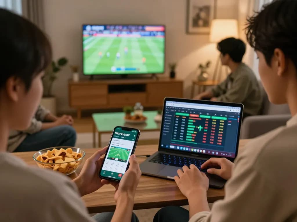 Engaging in online sports betting with the Slot Gacor Dewagg app on phone, friends enjoying gaming atmosphere.