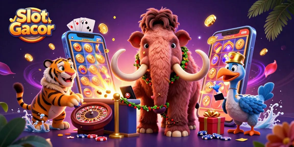 Experience the thrill of Slot Gacor with vibrant slot games and dynamic characters in this engaging casino scene.