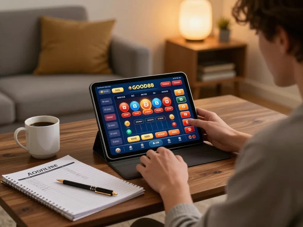 Experience online gambling with GOOD88 on a stylish tablet during a cozy evening.