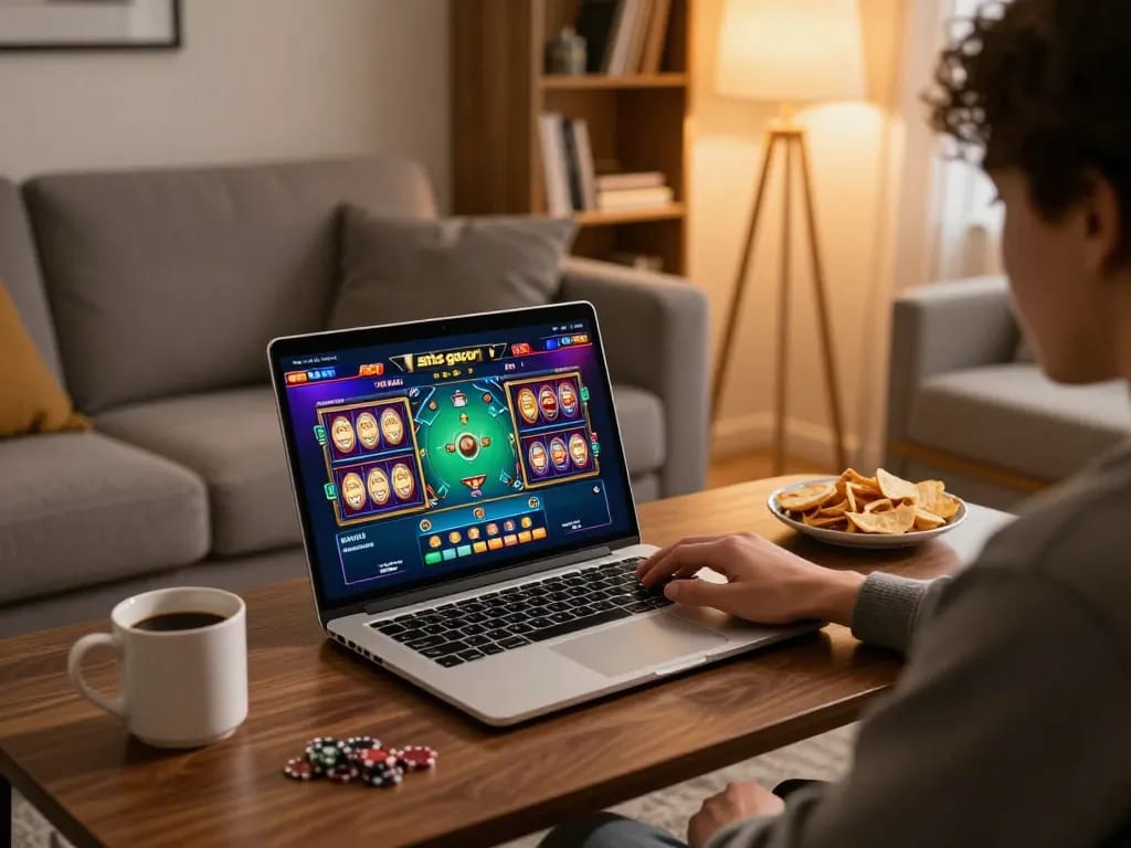 Player enjoying situs gacor online slots on a laptop in a cozy home setting.