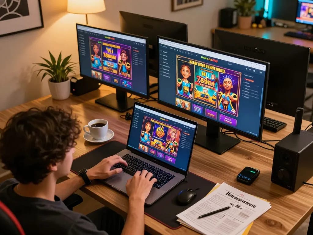 Engaging in online casino games with 789win link mới on multiple screens in a stylish home office setup.