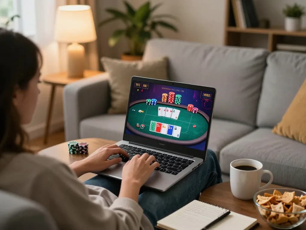 Engaging in online gambling with 8xx at home, showcasing a cozy gaming setup with poker game visible.