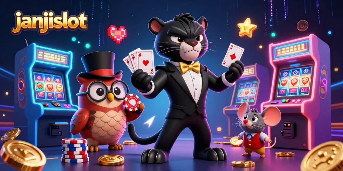 Join the excitement at janjislot with a stylish panther dealing cards in a vibrant casino scene.